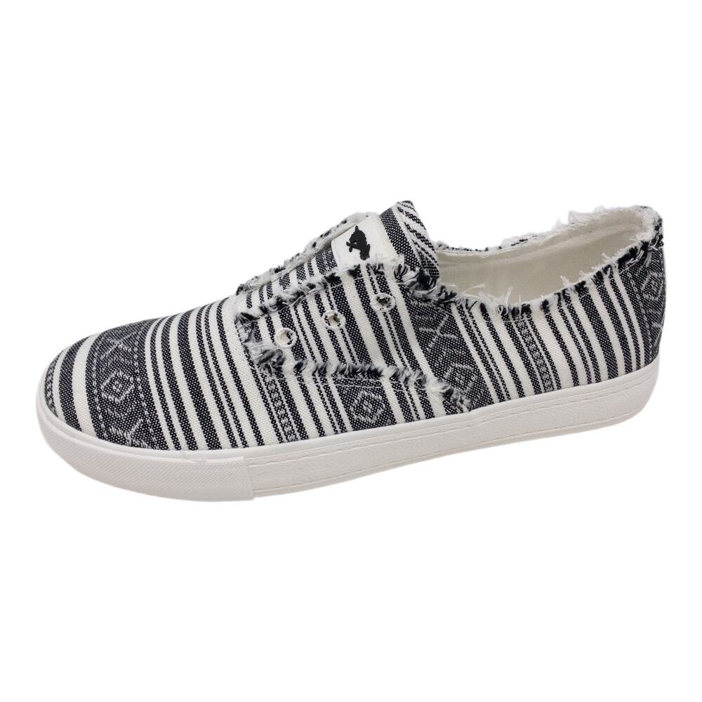 Rocket Dog Women's Afina Aloe Canvas Slip On Sneaker 9 Black White Fringe Stripe